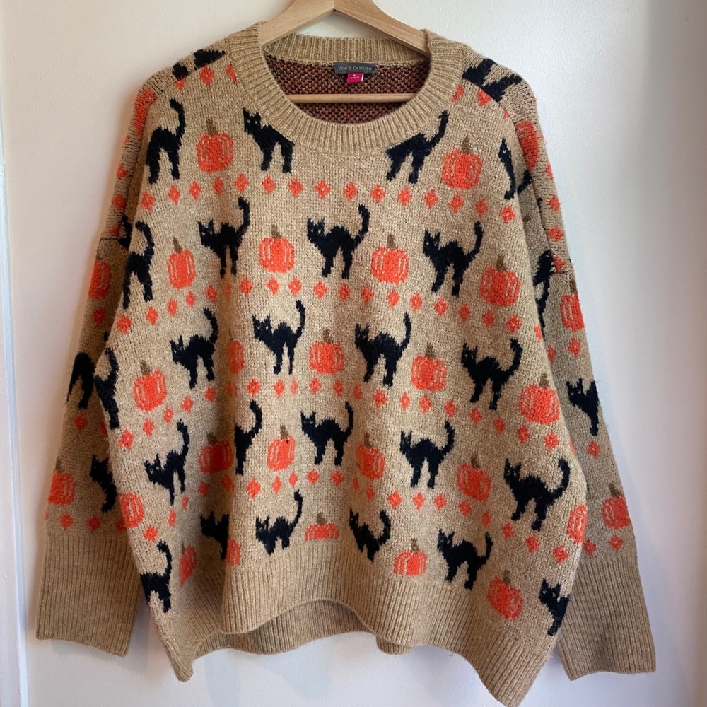 Vince Camuto Black Cat Pumpkin Sweater Womens XL Tan Halloween Spooky Fall Cozy